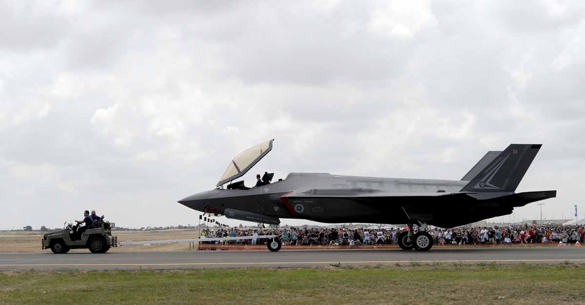 A Royal Australian Air Force F-35A Lightning II multirole fighter is towed during the Australian International Airshow in Melbourne on March 5, 2017.