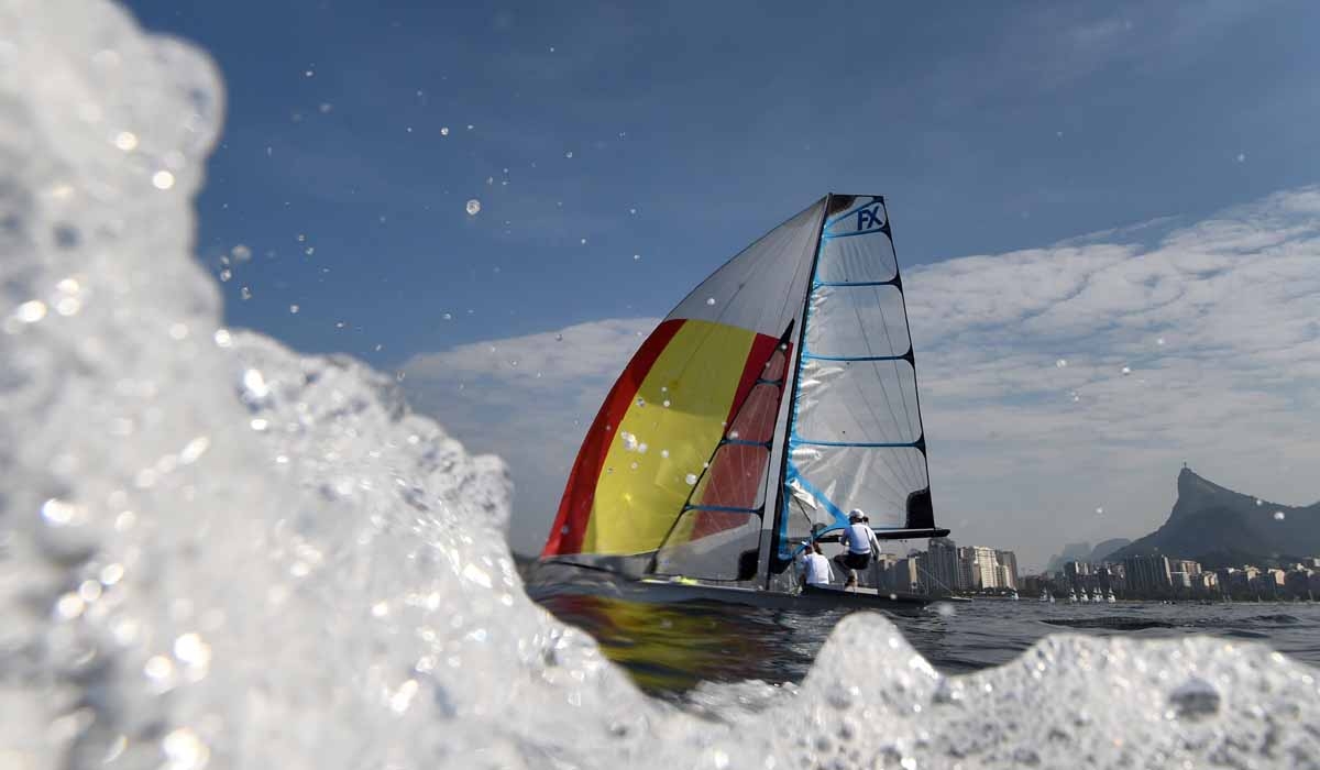 Spain's entry in the 49er FX sailing class Berta Betanzos Moro and Tamara Echegoyen Dominguez sail during a training session on Rio de Janerio's Guanabara Bay for the Rio 2016 Olympic Games on August 6, 2016. Spain's entry in the 49er FX sailing class Berta Betanzos Moro and Tamara Echegoyen Dominguez sail during a training session on Rio de Janerio's Guanabara Bay for the Rio 2016 Olympic Games on August 6, 2016.