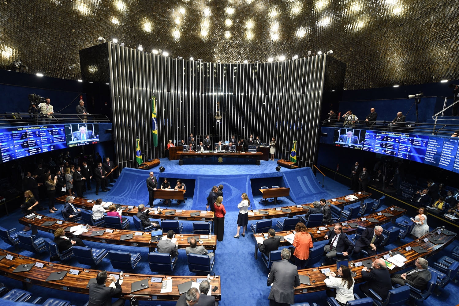 Overview of the Senate session during a debate of a vote on suspending President Dilma Rousseff and launching an impeachment trial, in Brasilia on May 11, 2016. Overview of the Senate session during a debate of a vote on suspending President Dilma Rousseff and launching an impeachment trial, in Brasilia on May 11, 2016.