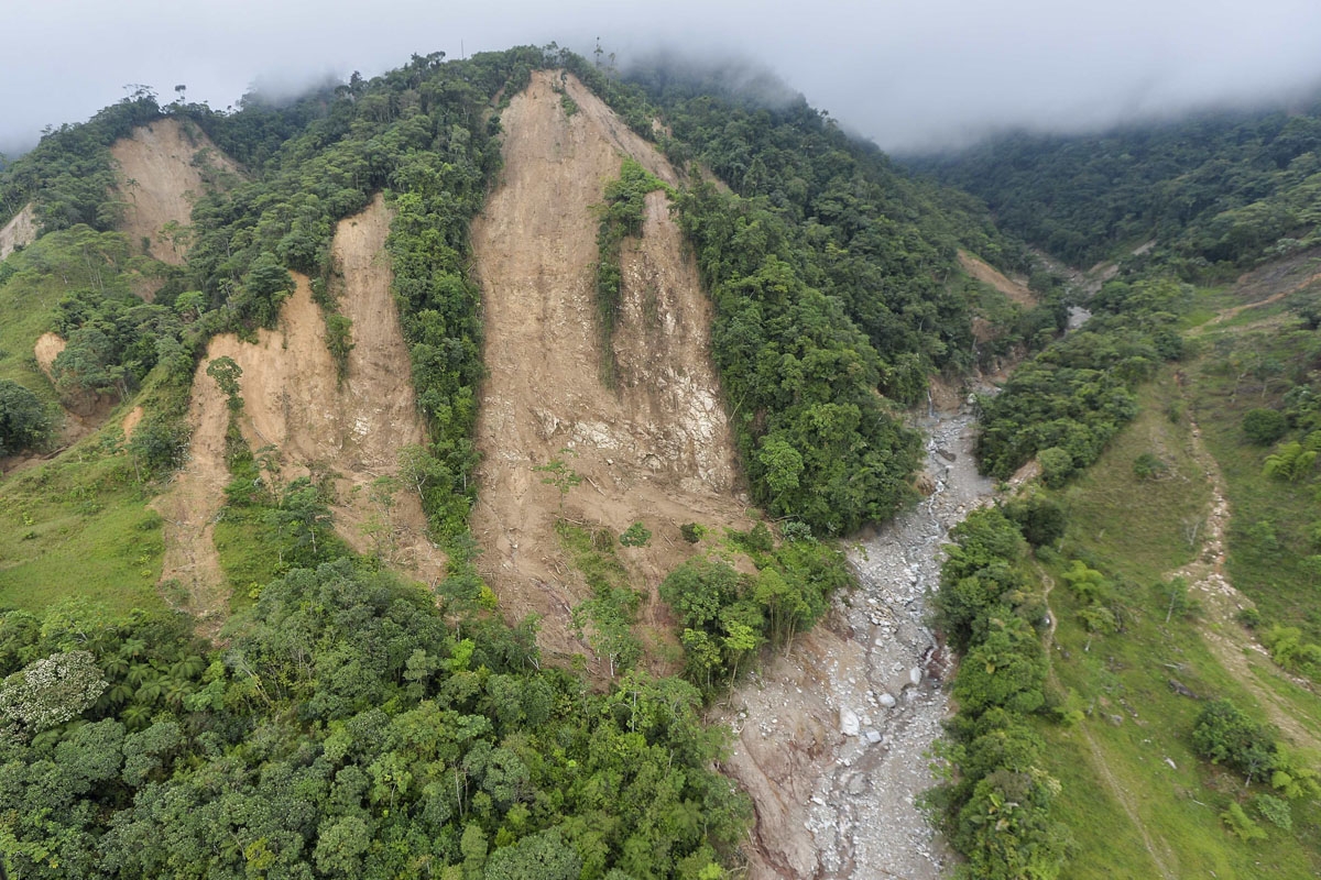 This aerial view shows one of the landslides in the mountains that caused the mudslides as a result of heavy rains, in Mocoa, Putumayo department, Colombia on April 3, 2017.