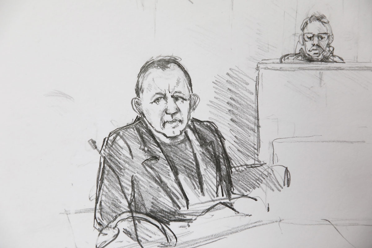 Court drawing by Anne Gyrite Schütt made available by Danish news agency Ritzau SCANPIX shows accused Peter Madsen (L) during his trial at the courthouse in Copenhagen, where his verdict was spoken in Copenhagen on April 25, 2018.