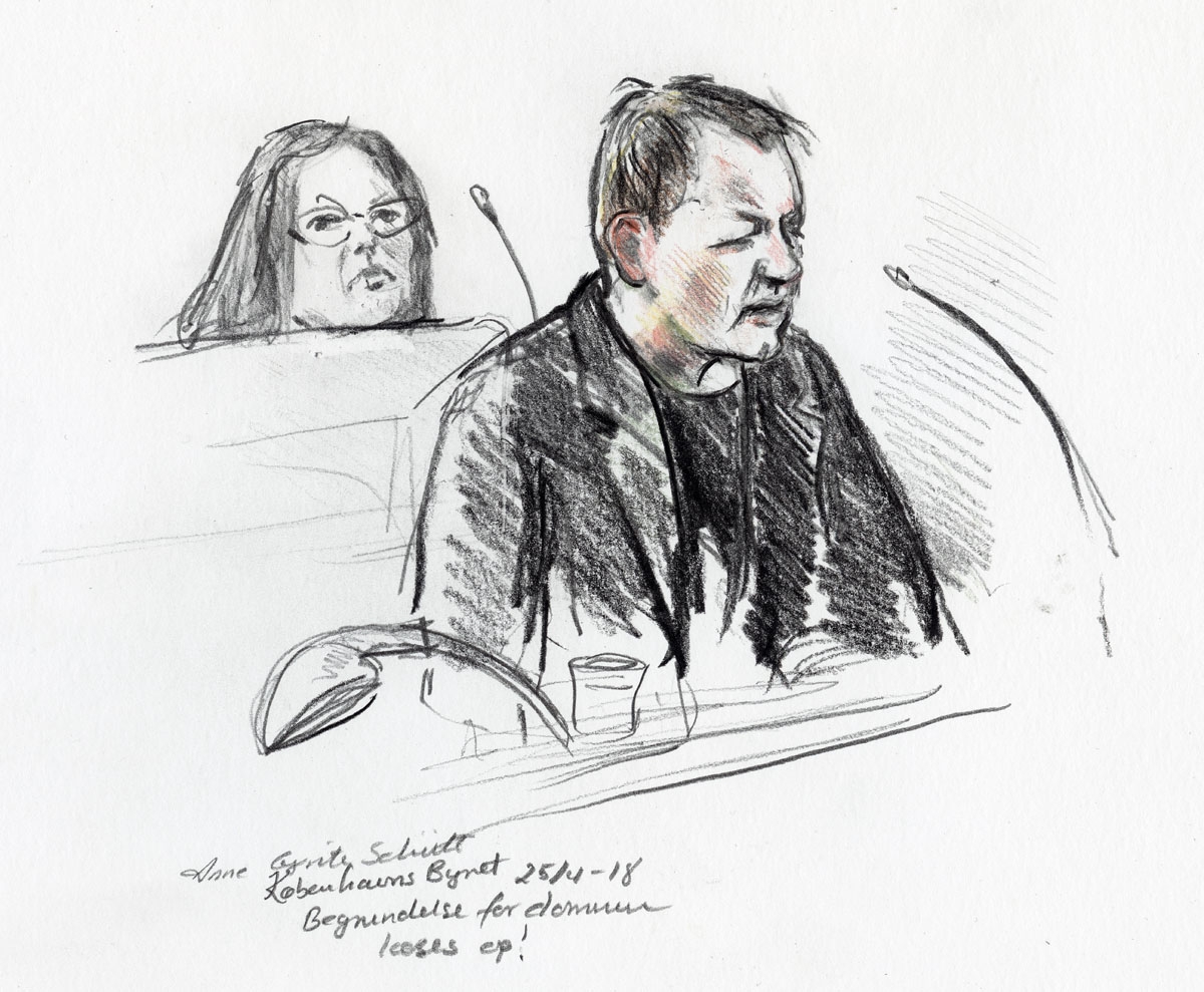 ourt drawing by Anne Gyrite Schütt made available by Danish news agency Ritzau SCANPIX shows accused Peter Madsen (R) during his trial at the courthouse in Copenhagen, where his verdict was spoken in Copenhagen on April 25, 2018.