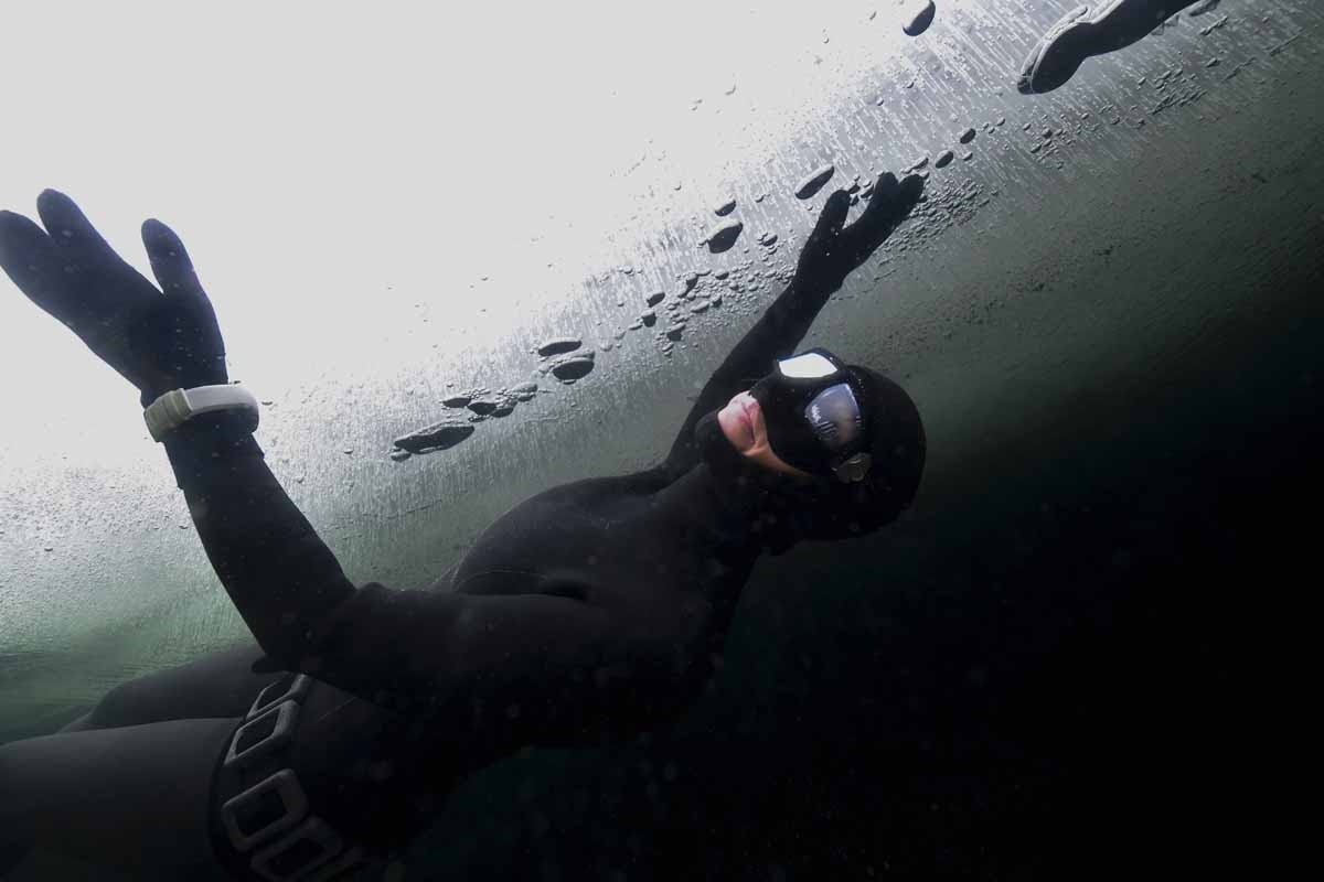 Johanna Nordblad, 42, Finnish freediver swims under ice during a Ice-freediving training session on February 28, 2017, in Somero (southwest Finland).