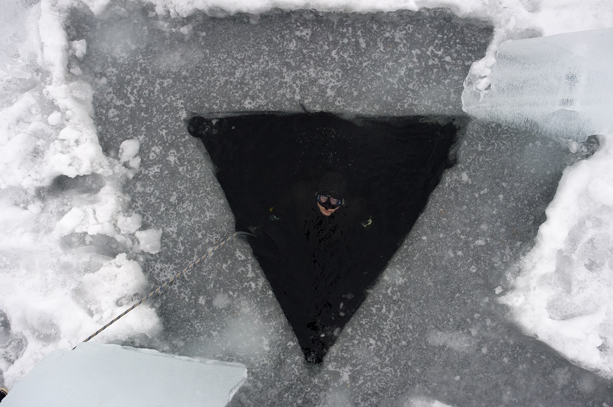 Johanna Nordblad, 42, Finnish freediver swims up from under ice during a Ice-freediving training session on February 28, 2017, in a green lake in Somero (southwest Finland).The ice is about 45cm thick, water temperature 1°C. Johanna Nordblad holds the wo