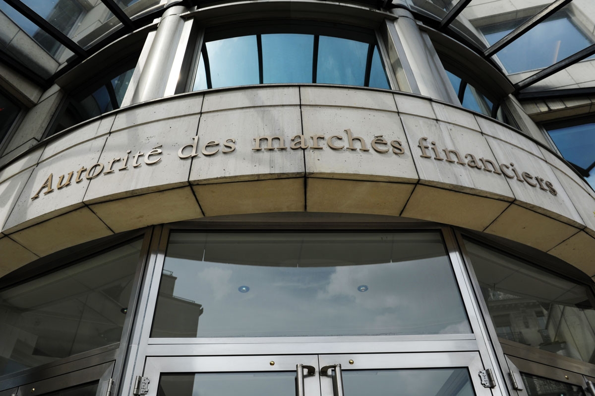 View on the entrance gates of France's stock market regulator AMF taken on the day of the presentation the AMF 2013 report at the regulator's headquarters in Paris on June 2, 2014.