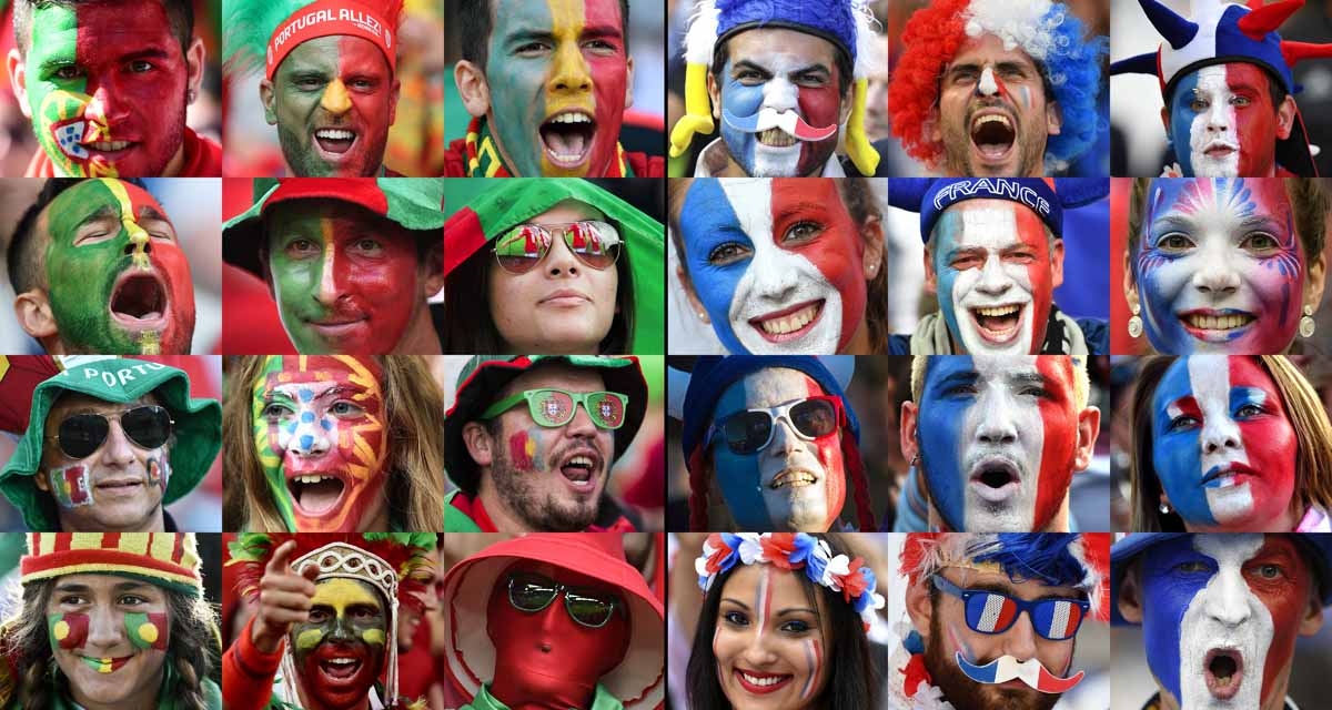 A combination of file pictures made on July 8, 2016 shows Portugal (L) and France (R) supporters during Euro 2016 football tournament. France will face Portugal in the Euro 2016 final football match at the Stade de France in Saint-Denis, north of Paris, o A combination of file pictures made on July 8, 2016 shows Portugal (L) and France (R) supporters during Euro 2016 football tournament. France will face Portugal in the Euro 2016 final football match at the Stade de France in Saint-Denis, north of Paris, o