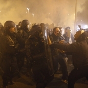 Protesters clash with gendarmes outside the Fleury-Merogis prison, near Paris, on April 10, 2017, during a demonstration by prison guards after six of their colleagues were injured by inmates.