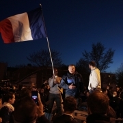 French Force Ouvriere (FO) workers' union leader Marcel Duredon (C) speaks to protesters outside the Fleury-Merogis prison, near Paris, on April 10, 2017, during a demonstration by prison guards after six of their colleagues were injured by inmates.