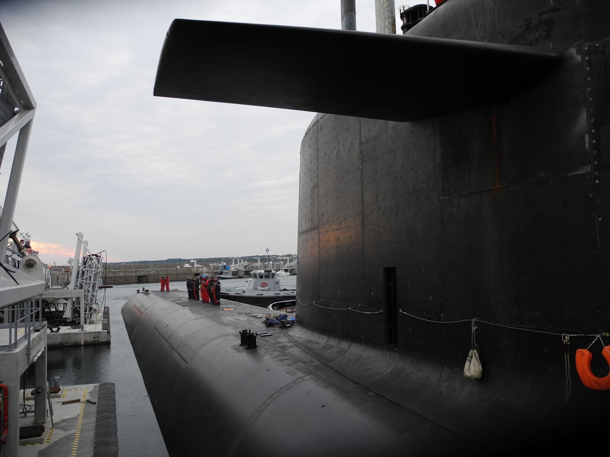 This photo taken on October, 2016 shows the French Navy's Triumphant-class strategic nuclear submarine Le Vigilant at its submarine base of L'Ile Longue,