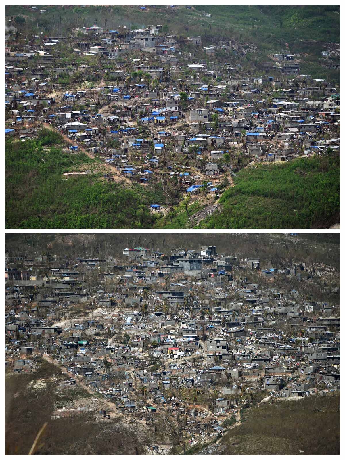 These two pictures show at top damaged houses in Jeremie, southwestern Haiti, on October 22, 2016 two weeks after Hurricane Matthew, and at bottom the same location on October 10, 2016. These two pictures show at top damaged houses in Jeremie, southwestern Haiti, on October 22, 2016 two weeks after Hurricane Matthew, and at bottom the same location on October 10, 2016.