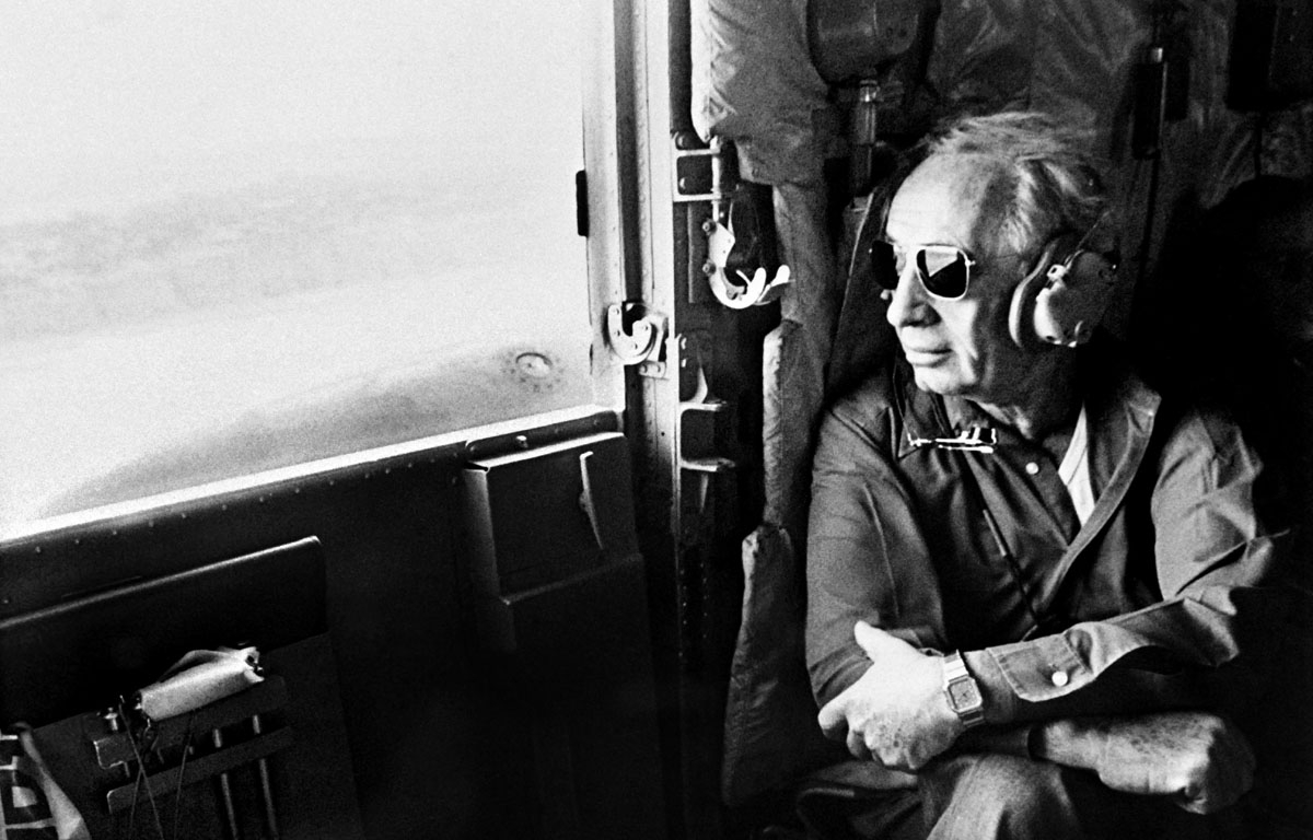 An archive photo taken on November 8, 1984 shows Israeli Prime Minister Shimon Peres flying to Lebanon