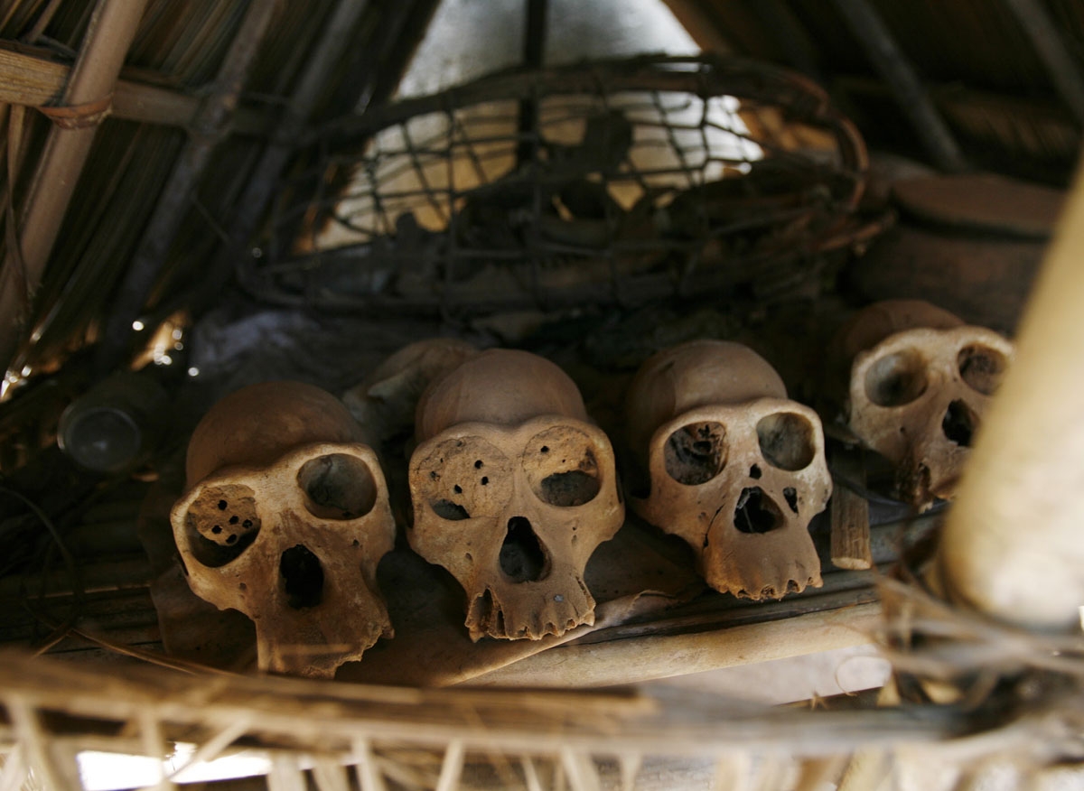 The director of the Wild Chimpanzee Foundation (WCF), Ilka Herbinger (not pictured), shows chimpanzee skulls at the home of a family, which worships chimps, in the village of Douably on March 19, 2008 in the Tai National Park, 400 kms west of Abidjan, whe