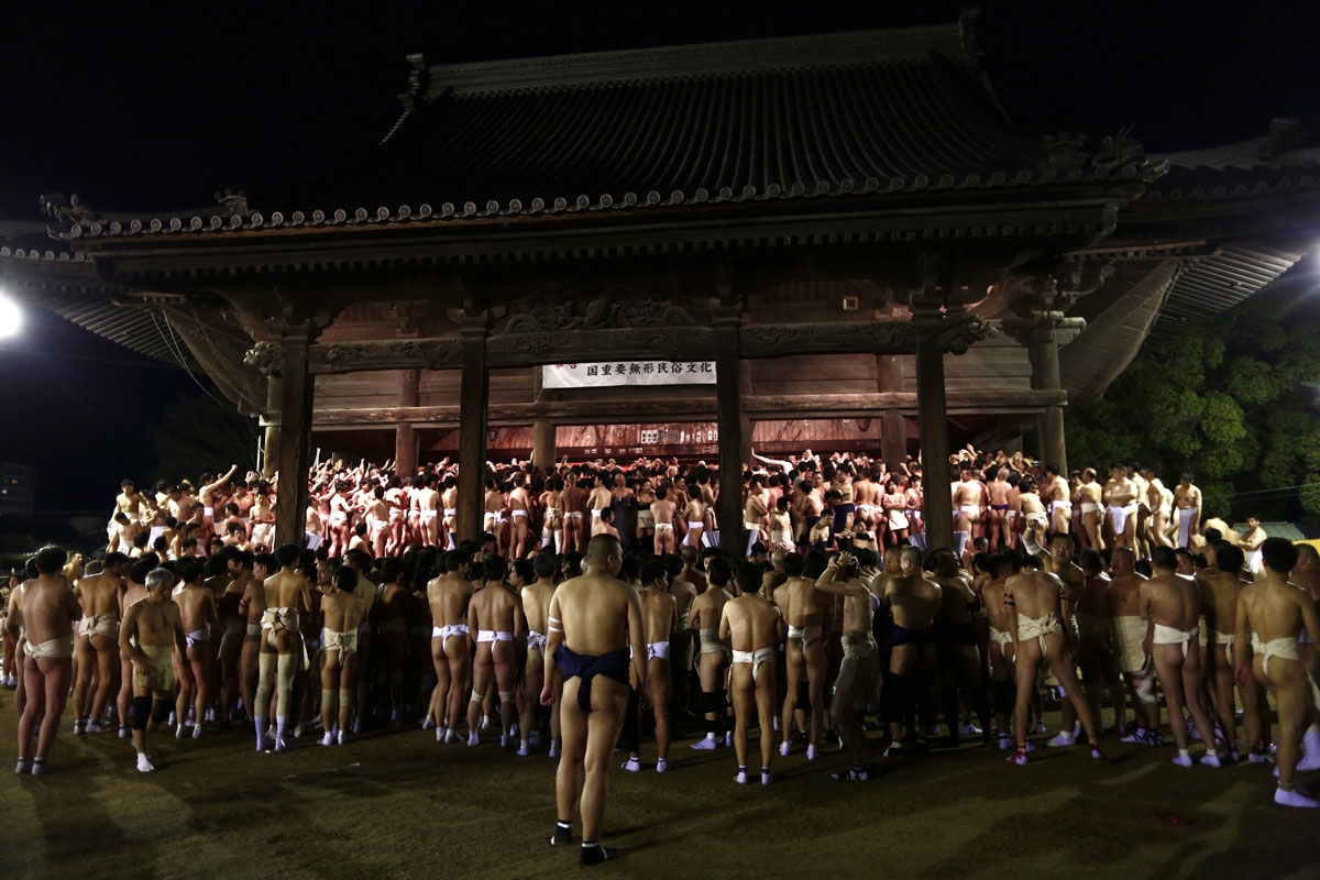 In this picture taken on February 18, 2017, worshippers attend the annual Naked Man Festival or 'Hadaka Matsuri' at Saidaiji Temple in Okayama, western Japan.