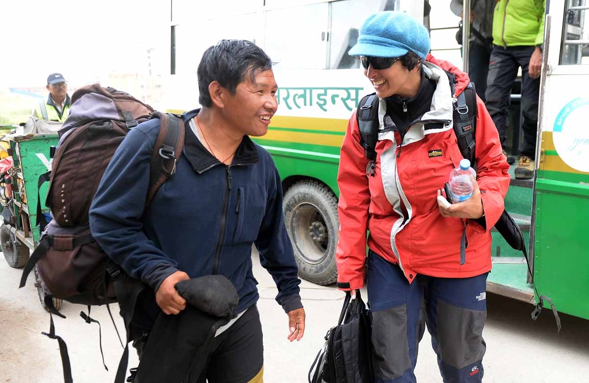 Agence France-Presse (AFP) Nepal Bureau Chief Ammu Kannampilly (R) talks with Pasang Sherpa on her arrival from Everest base camp in Kathmandu on April 29, 2015. Agence France-Presse (AFP) Nepal Bureau Chief Ammu Kannampilly (R) talks with Pasang Sherpa on her arrival from Everest base camp in Kathmandu on April 29, 2015.
