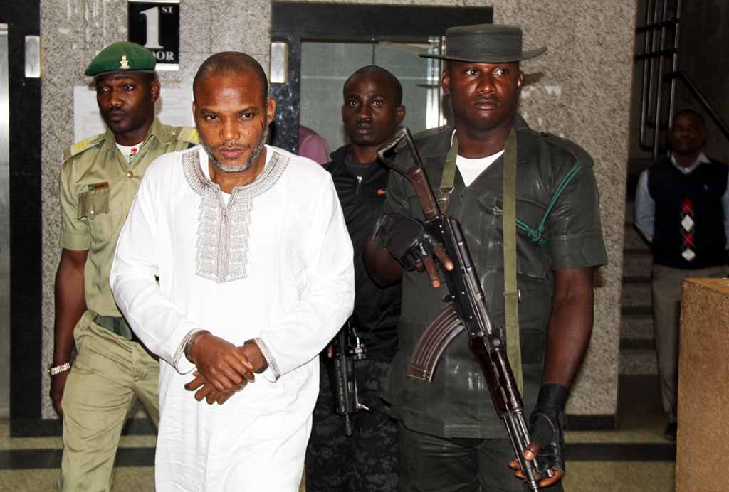 Leader of Indigenous Peoples of Biafra (IPOB), Nnamdi Kanu (C) attends a trial for treasonable felony at the Federal High court in Abuja, on February 9, 2016. nigeria-unrest-social-biafra