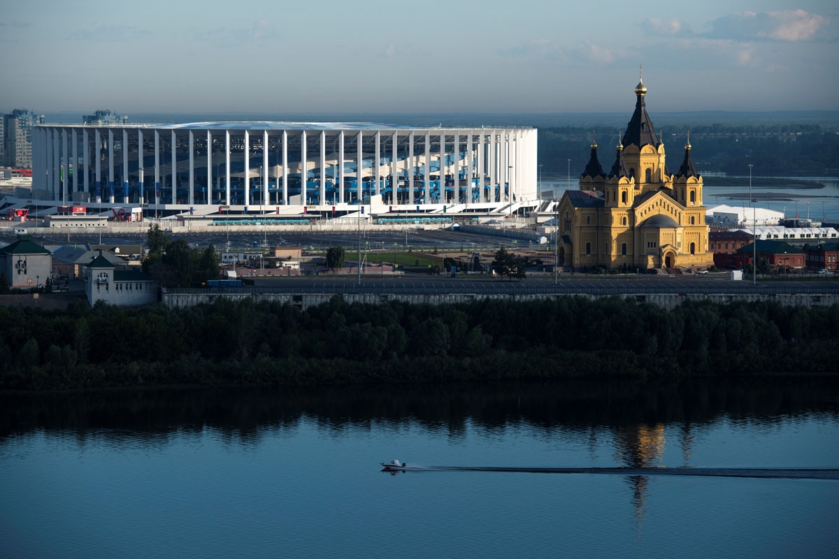 A view on the stadium in Nizhyny Novgorod, with the cathedral of Alexander Nevskyi in front. June, 2018.