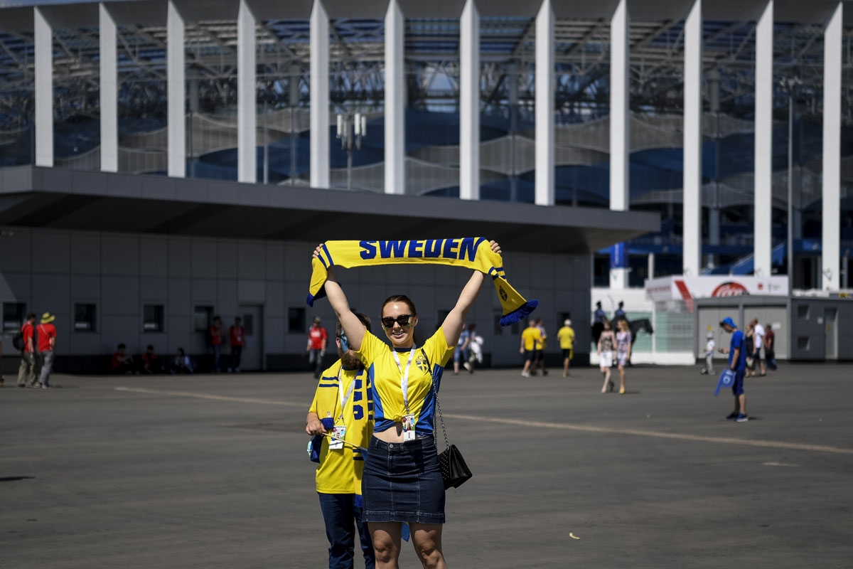 Swedish fans stand outside Nizhny Novgorod Stadium while arriving for the Russia 2018 World Cup Group F football match between Sweden and South Korea in Nizhny Novgorod on June 18, 2018.