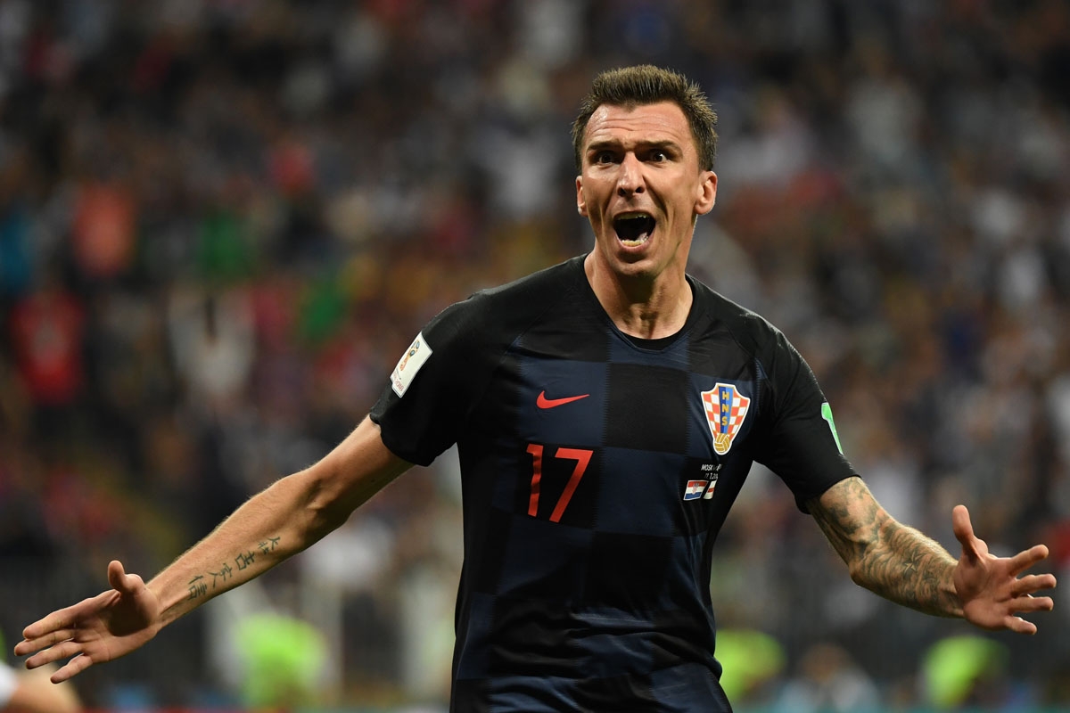 Croatia's forward Mario Mandzukic celebrates after scoring his team's second goal during the Russia 2018 World Cup semi-final football match between Croatia and England at the Luzhniki Stadium in Moscow on July 11, 2018.