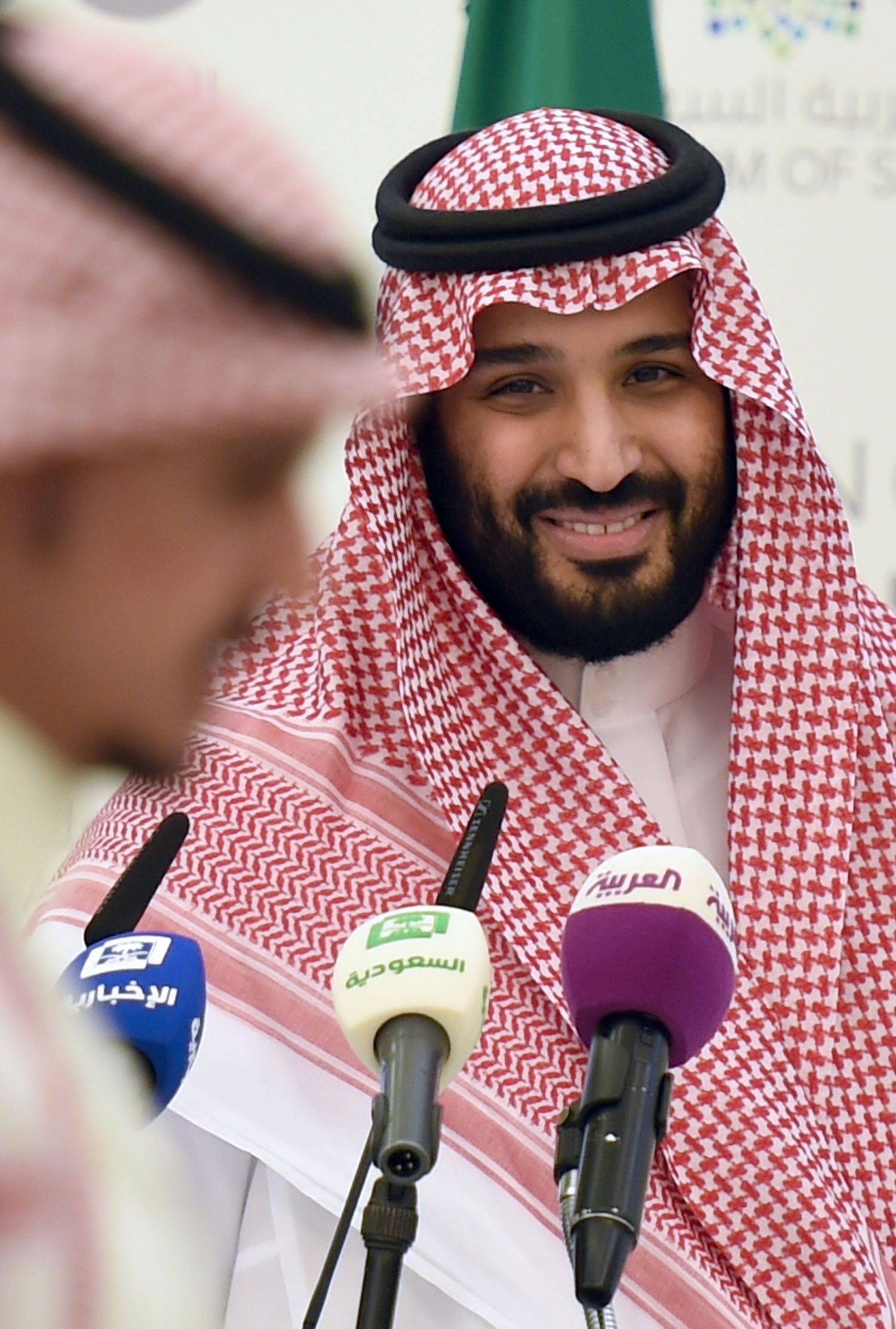 Saudi Defense Minister and Deputy Crown Prince Mohammed bin Salman smiles during a press conference in Riyadh, on April 25, 2016. Saudi-royal-media
