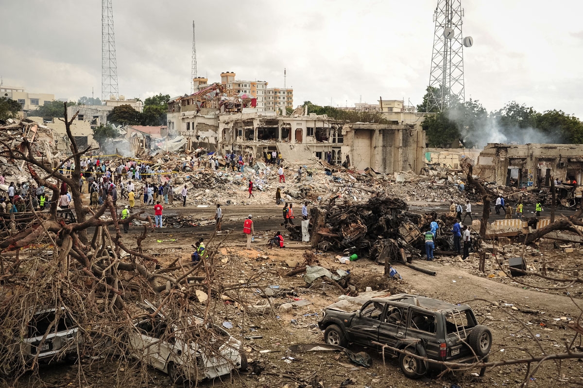 A picture taken on October 15, 2017 shows a general view of the scene of the explosion of a truck bomb in the centre of Mogadishu.