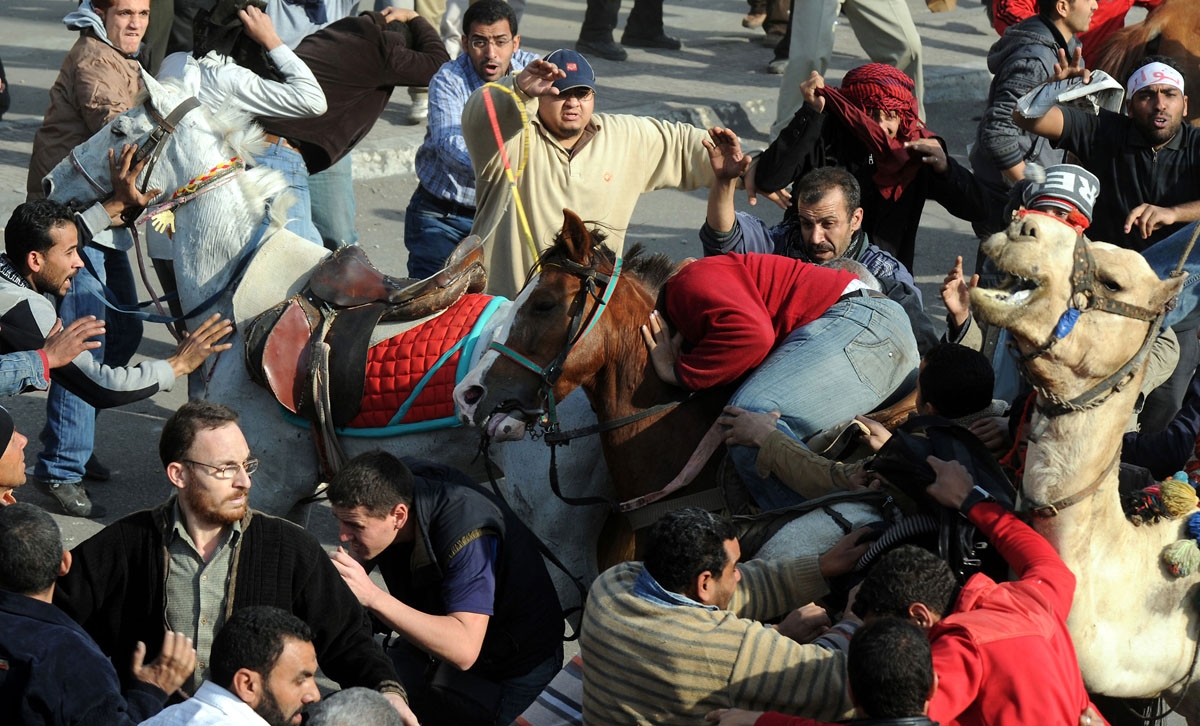 Supporters of Egyptian President Hosni Mubarak, on horses and a camel, clash with anti-regime protesters in Cairo on February 2, 2011. Partisans of Mubarak stormed a crowded anti-regime rally in central Cairo, sparking pandemonium in which at least 500 pe