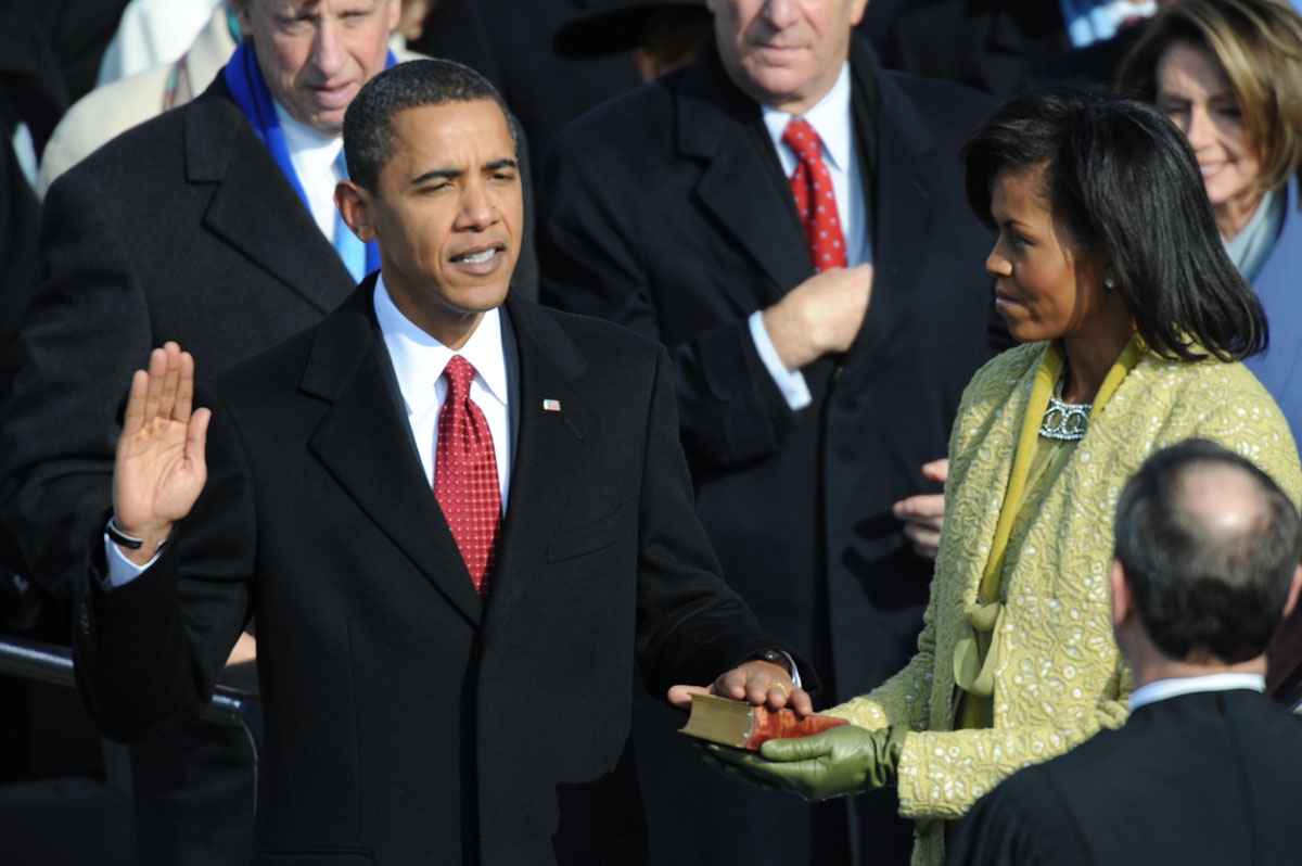 This file photo taken on January 20, 2009 shows President Barack Obama as he is sworn in as US President,on the same Bible used to swear in President Abraham Lincoln, by Chief Justice John Roberts, beside wife Michelle at the Capitol in Washington, DC.