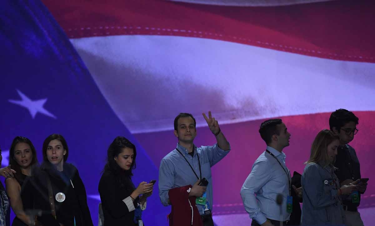 A man gestures at the Jacob K. Javits Convention Center in New York on November 8, 2016. A man gestures at the Jacob K. Javits Convention Center in New York on November 8, 2016.