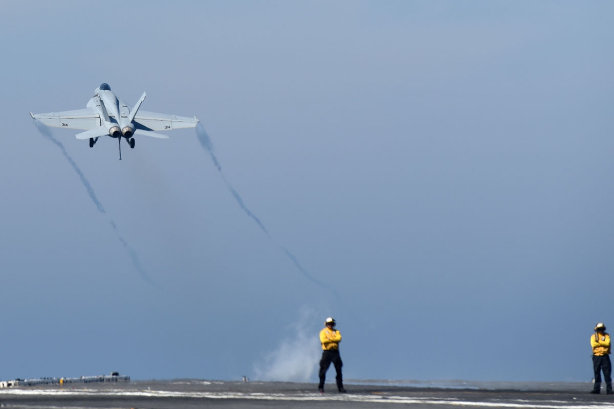 A F/18 Hornet is catapulted from the deck of the USS George H.W. Bush aircraft carrier on May 11, 2018 in the Atlantic Ocean.