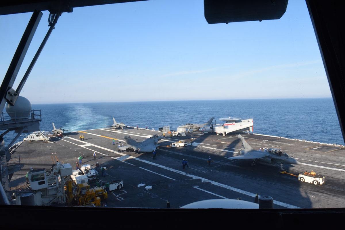 .u A view of the flight desk from the Island (control tower) window of the commander of the USS George H.W. Bush aircraft carrier on May 11, 2018 in the Atlantic Ocean.