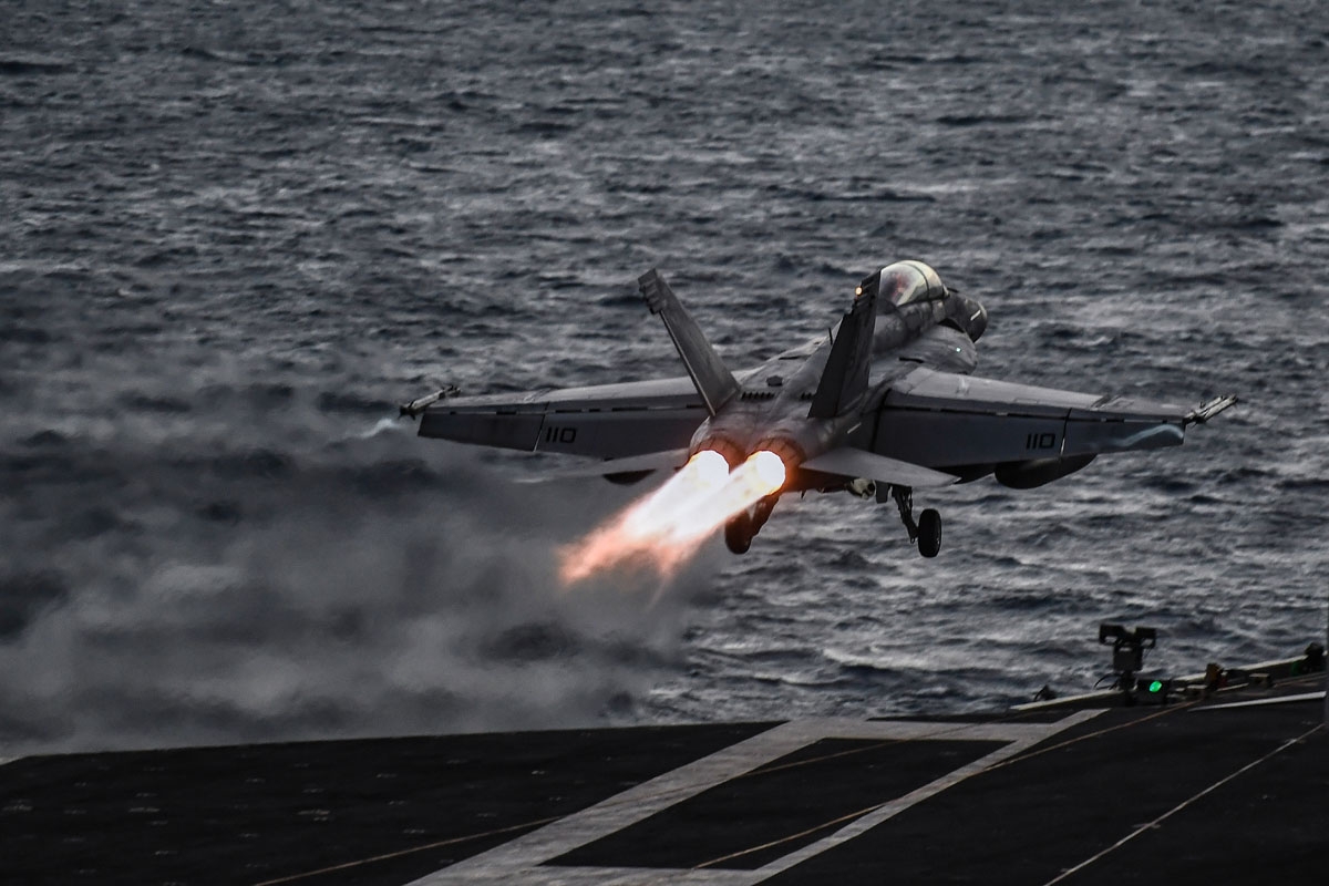 A F18 Hornet fighter jet pilot takes off from the deck of the US navy aircraft carrier USS Harry S. Truman in the eastern Mediterranean Sea on May 8, 2018.