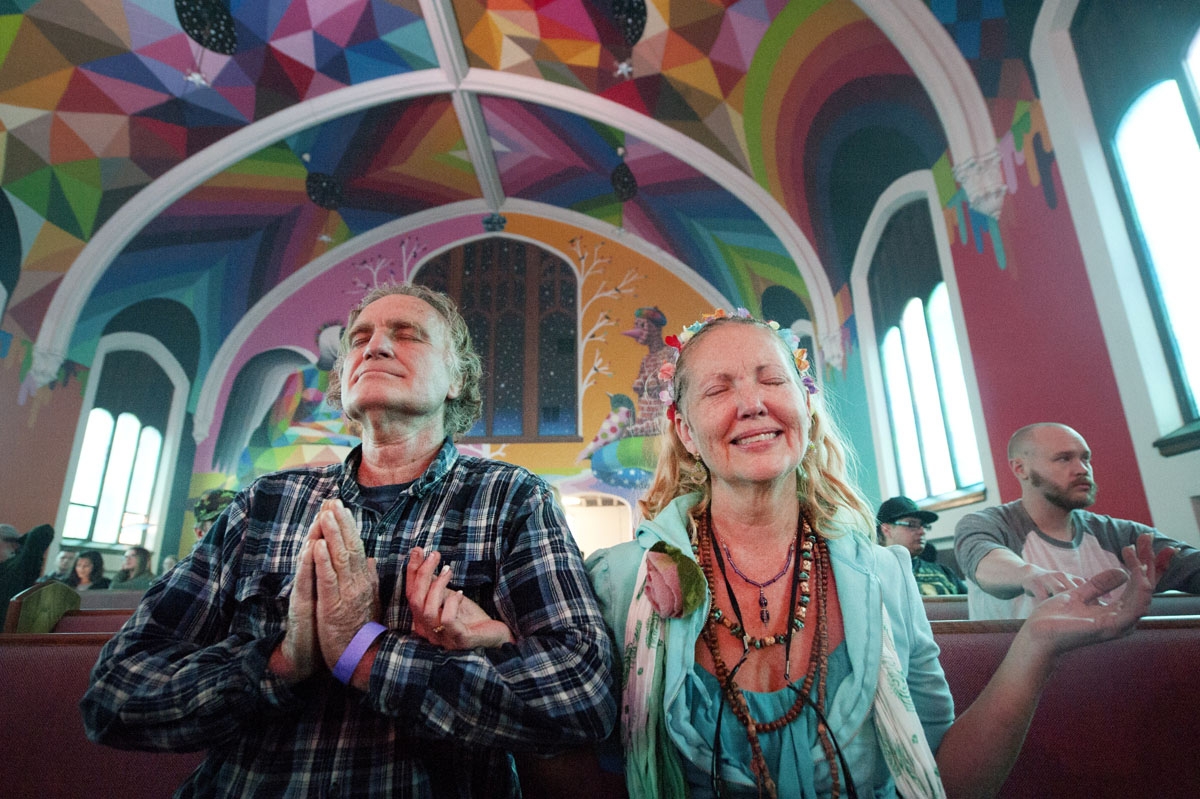Will-E. of Joplin, Missouri and Kathleen Yvonne of Fayeteville, Arkansas, members of the International Church of Cannabis, participate in a 4/20 celebration on April 20, 2018 in Denver, Colorado.