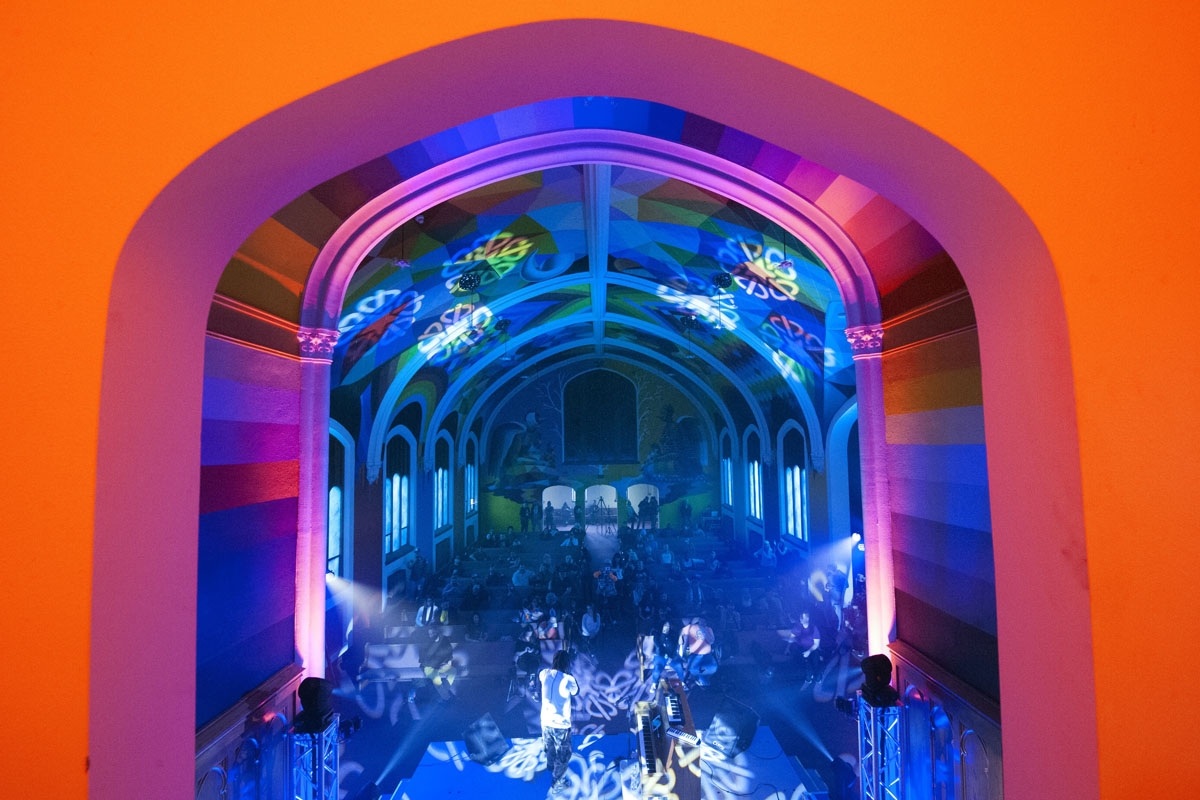 Murals adorn the interior walls of the International Church of Cannabis where members participated in a 4/20 celebration on April 20, 2018 in Denver, Colorado.