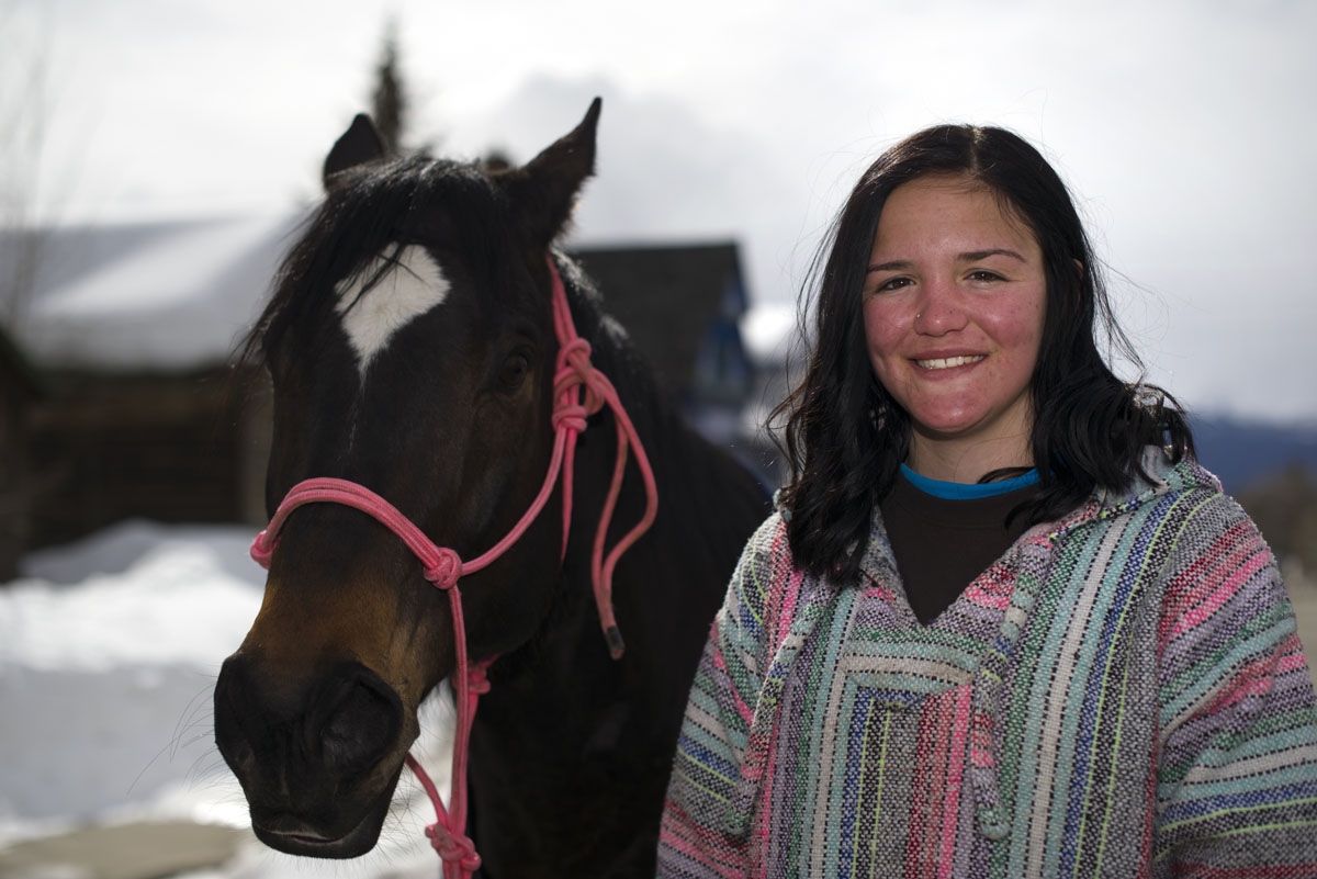 Rider Savanah McCarthy of Aztec, New Mexico, poses for a portrait with her horse Tank after finishing in 1st place during the 68th annual Leadville Ski Joring weekend competition on Saturday, March 5, 2017 in Leadville, Colorado. McCarthy, 17, races in th