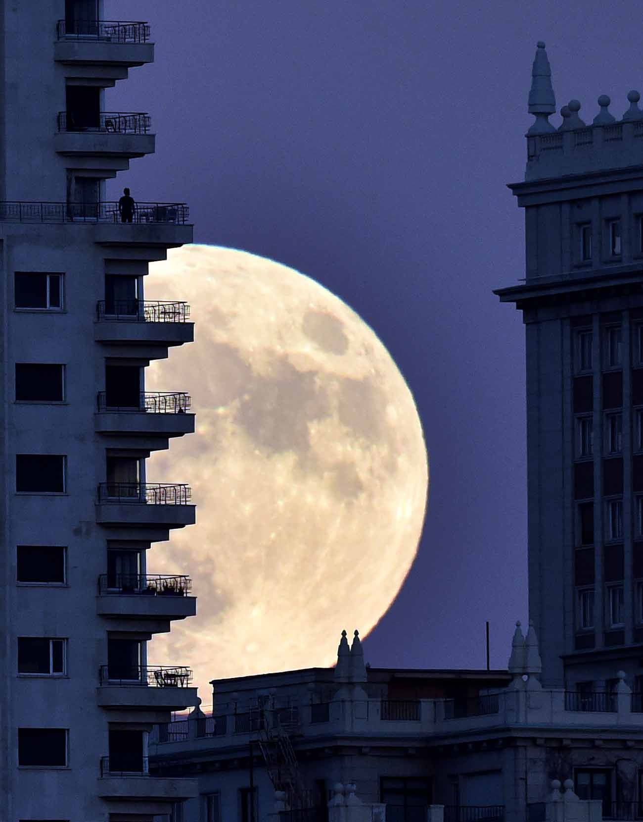 A man stands on a balcony of a building of Madrid as the moon rises in background, on November 13, 2016, on the eve of a supermoon.