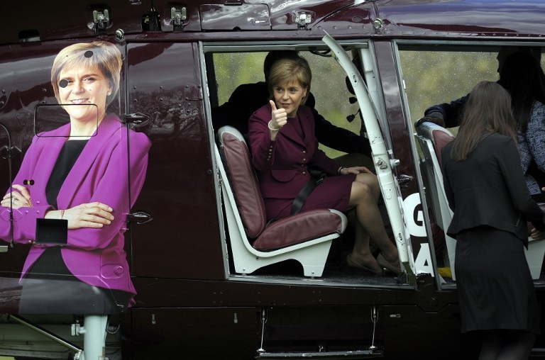 First Minister of Scotland and Leader of the Scottish National Party Nicola Sturgeon boards a helicopter in Edinburgh, Scotland, on April 30, 2015 First Minister of Scotland and Leader of the Scottish National Party Nicola Sturgeon boards a helicopter in Edinburgh, Scotland, on April 30, 2015