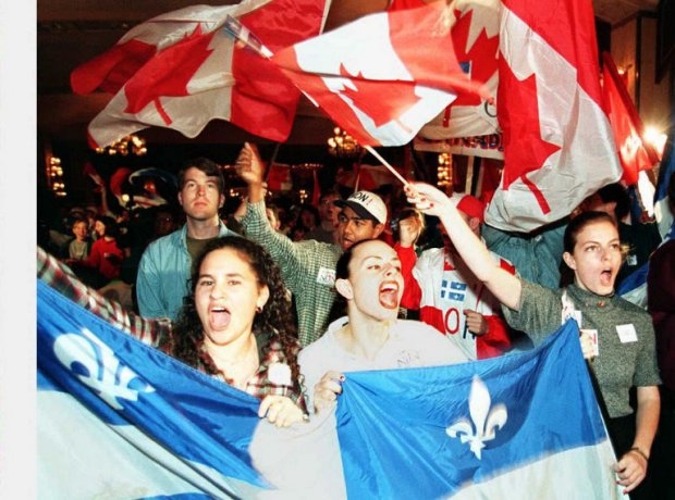 Youths cheer for the anti-secessionist leader Daniel Johnson at a campaign rally in Montreal in October 1995, before the independence referendum in Quebec Youths cheer for the anti-secessionist leader Daniel Johnson at a campaign rally in Montreal in October 1995, before the independence referendum in Quebec