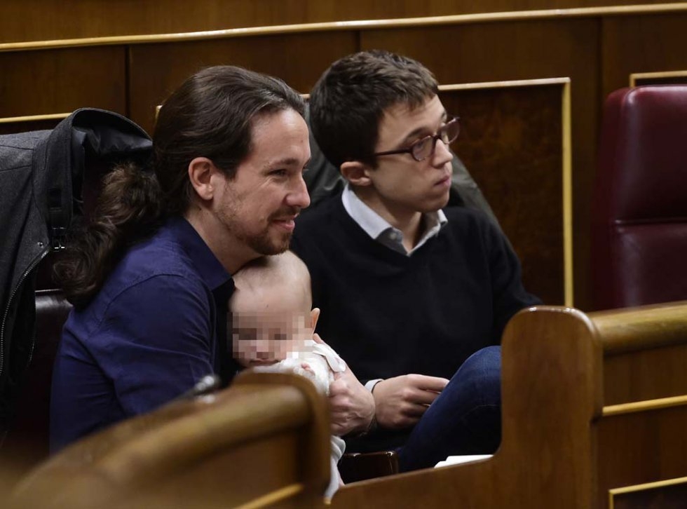 Podemos leader Pablo Iglesias with baby. Podemos leader Pablo Iglesias with baby.