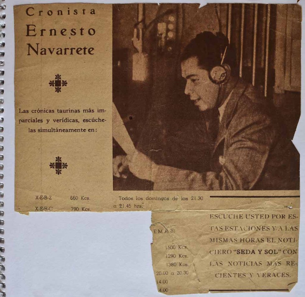 A clipping shows a younger Don Neto during radio commentary of a bullfight. A clipping shows a younger Don Neto during radio commentary of a bullfight.