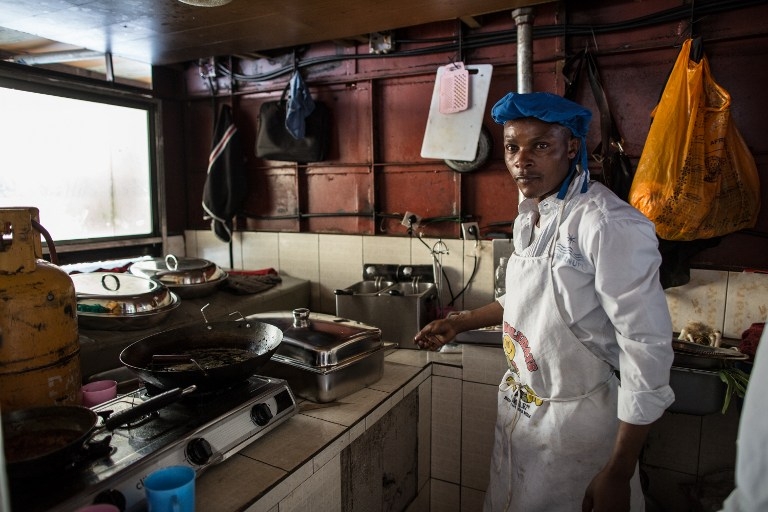 In the first class kitchen of a ferry crossing Lake Kivu on March 26, 2015 In the first class kitchen of a ferry crossing Lake Kivu on March 26, 2015