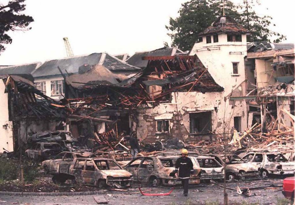Remains of a hotel in Ulster in July, 1996, the first bombing in Northern Ireland since the IRA ceasefire two years prior. Remains of a hotel in Ulster in July, 1996, the first bombing in Northern Ireland since the IRA ceasefire two years prior.