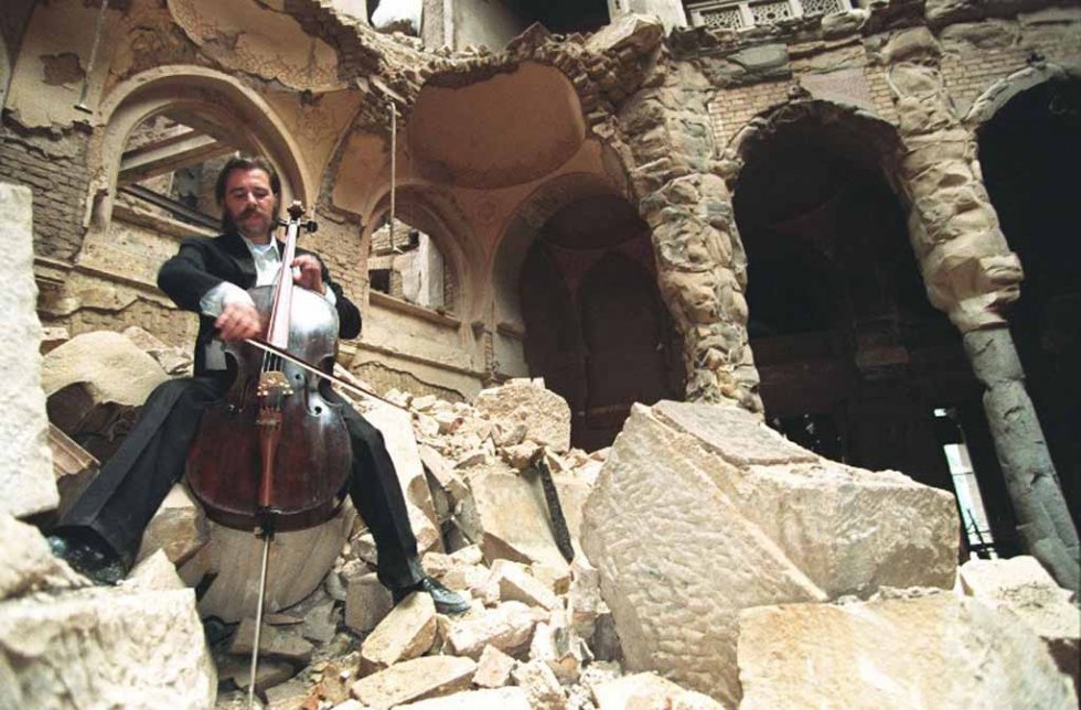 Cellist Vedran Smailovic plays Strauss in the bombed-out National Library in Sarajevo in September, 1992. Cellist Vedran Smailovic plays Strauss in the bombed-out National Library in Sarajevo in September, 1992.