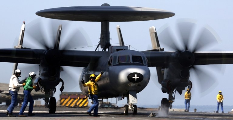 A French Navy Hawkeye prepares to take off from Charles de Gaulle on February 25, 2015 A French Navy Hawkeye prepares to take off from Charles de Gaulle on February 25, 2015