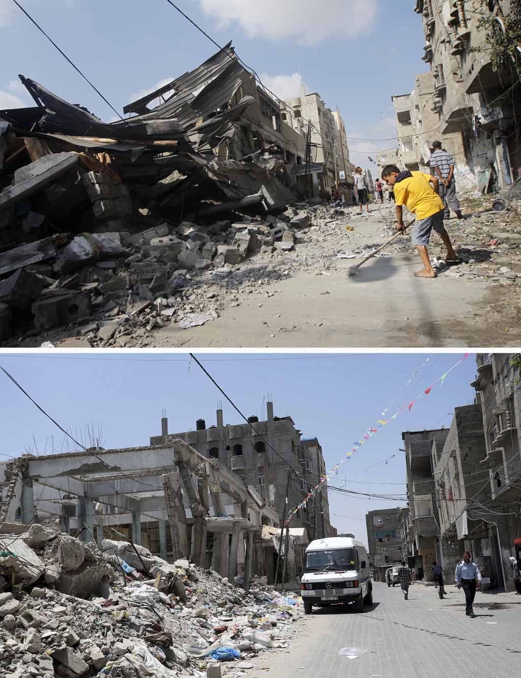 A Palestinian boy sweeping the ground outside destroyed buildings in the southern Gaza Strip town of Rafah on July 22, 2014, and the same place A Palestinian boy sweeping the ground outside destroyed buildings in the southern Gaza Strip town of Rafah on July 22, 2014, and the same place