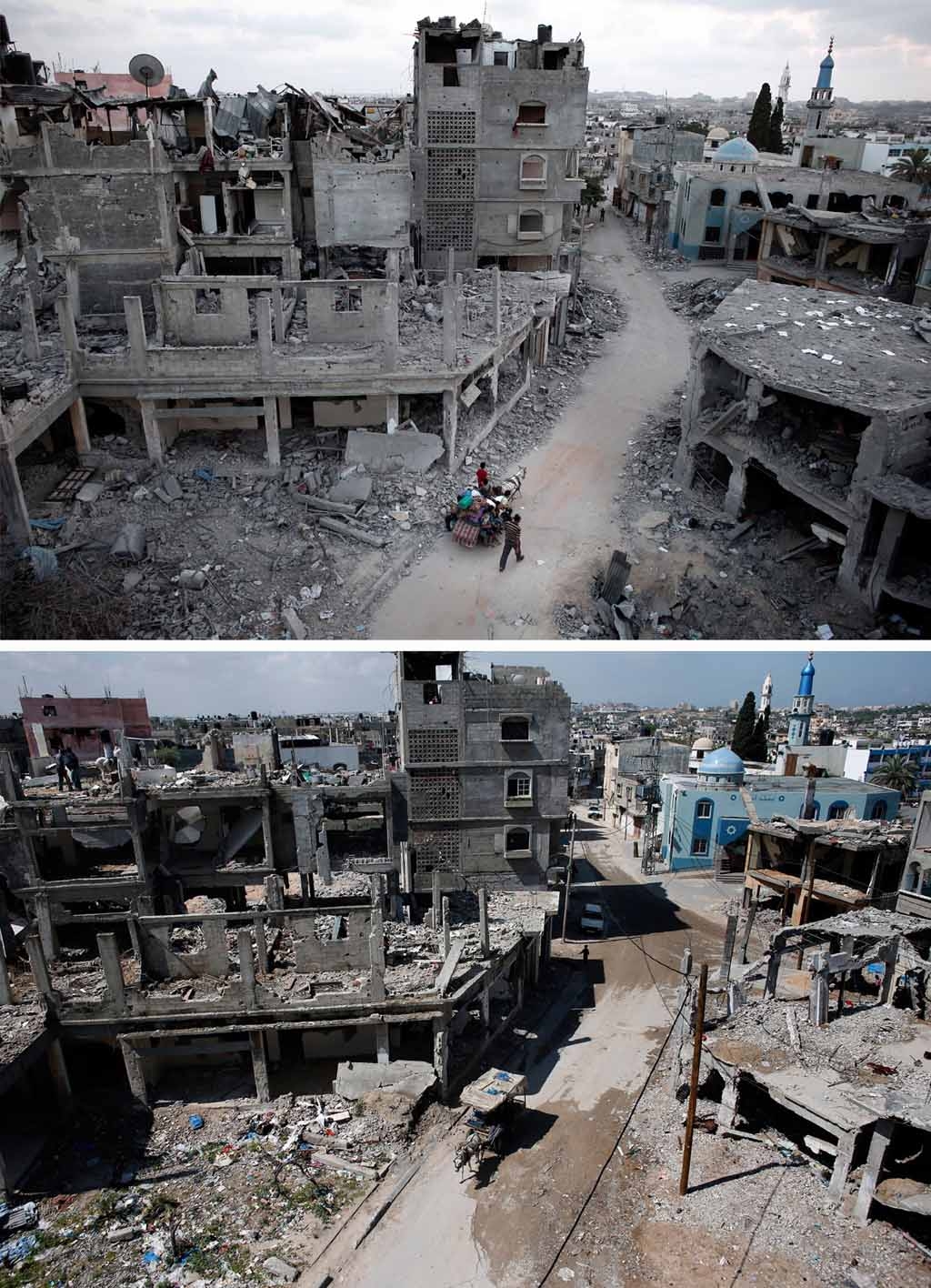 Palestinians fleeing their destroyed neighbourhood on a donkey cart in the northern Gaza Strip city of Beit Hanun on August 18, 2014, and the same place Palestinians fleeing their destroyed neighbourhood on a donkey cart in the northern Gaza Strip city of Beit Hanun on August 18, 2014, and the same place