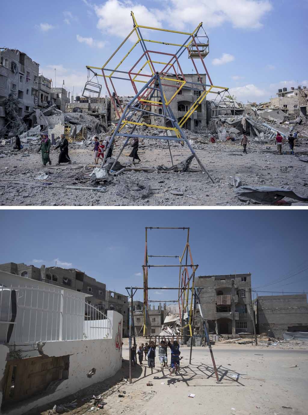 A ferris wheel and the rubble of buildings in the northern district of Beit Hanun in the Gaza Strip on July 26, 2014, and the same place A ferris wheel and the rubble of buildings in the northern district of Beit Hanun in the Gaza Strip on July 26, 2014, and the same place
