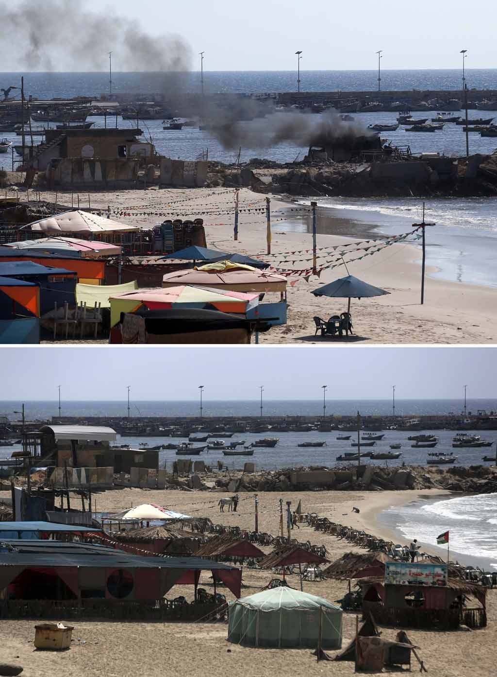 Smoke billowing from a beach shack in Gaza City following an Israeli military strike which killed four children on July 16, 2014, and the same place Smoke billowing from a beach shack in Gaza City following an Israeli military strike which killed four children on July 16, 2014, and the same place