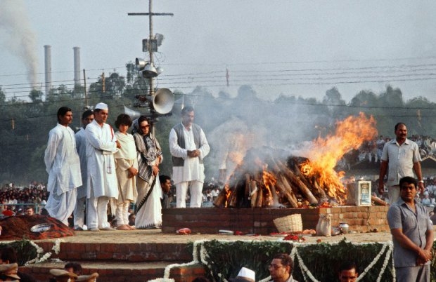India's Premier Rajiv Gandhi, his wife Sonia and daughter Priyanka at the cremation of Indira Gandhi. India's Premier Rajiv Gandhi, his wife Sonia and daughter Priyanka at the cremation of Indira Gandhi.