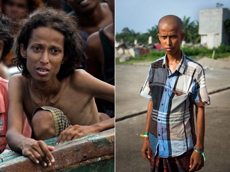 Yusuf, a 22-year-old Rohingya migrant from Myanmar, is seen on a boat drifting off the Thai coast on May 14, 2015, and at a camp in Bayeun in Indonesia's Aceh province on May 28, 2015 Yusuf, a 22-year-old Rohingya migrant from Myanmar, is seen on a boat drifting off the Thai coast on May 14, 2015, and at a camp in Bayeun in Indonesia's Aceh province on May 28, 2015