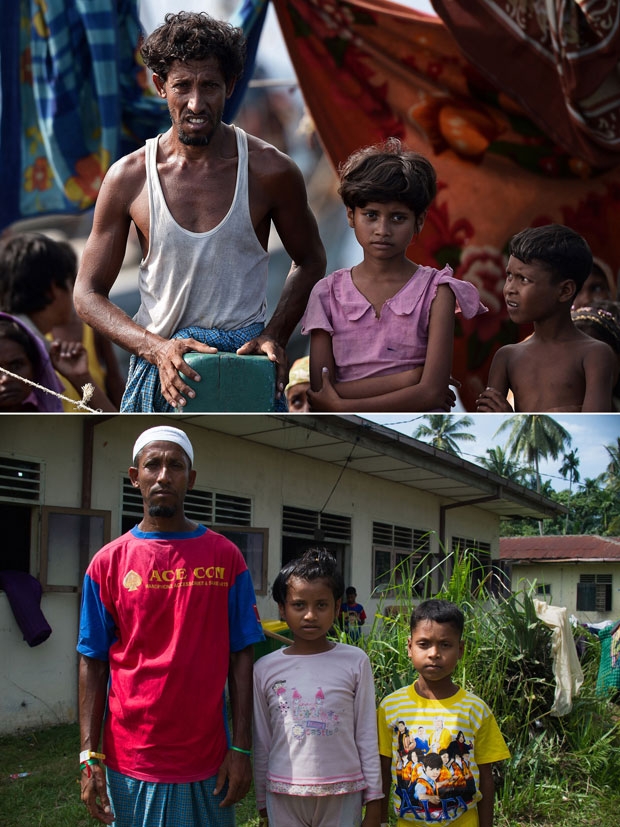 A Rohingya migrant man and children from Myanmar Sanamiah, 42, Zubaida, 9, and Anwar Uson, 8, drifting in Thai waters on May 14, 2015 and at a camp in Indonesia on May 28, 2015 A Rohingya migrant man and children from Myanmar Sanamiah, 42, Zubaida, 9, and Anwar Uson, 8, drifting in Thai waters on May 14, 2015 and at a camp in Indonesia on May 28, 2015