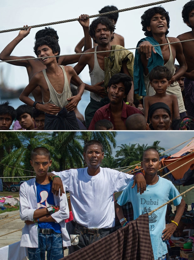 Rohingya men Muhammad Ayas, 13, Abdul Rasyid, 37, from Myanmar, and Zanggi, 19, from Bangladesh adrift in Thai waters on May 14, 2015 and at a camp in Indonesia on May 28, 2015 Rohingya men Muhammad Ayas, 13, Abdul Rasyid, 37, from Myanmar, and Zanggi, 19, from Bangladesh adrift in Thai waters on May 14, 2015 and at a camp in Indonesia on May 28, 2015